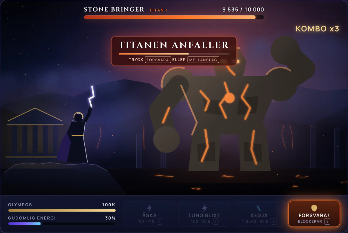 Varningen Titanen anfaller mitt i bild och den orange knappen Försvara! nere till höger