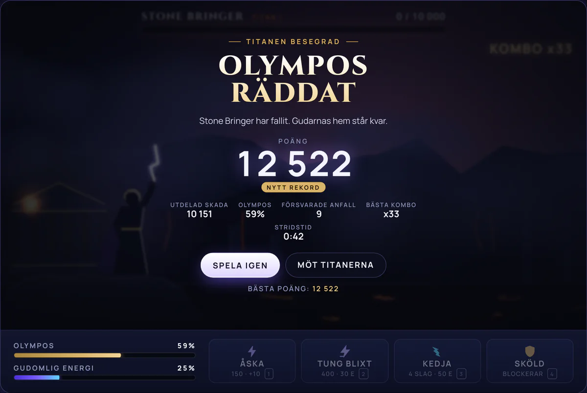 Resultatskärmen efter vinsten: Olympos räddat och 12 522 poäng