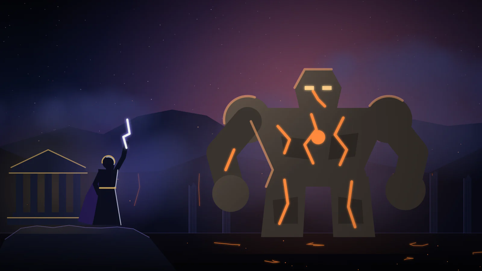 Stridsscenen i prototypen: Zeus, templet och Stone Bringer innan striden börjar