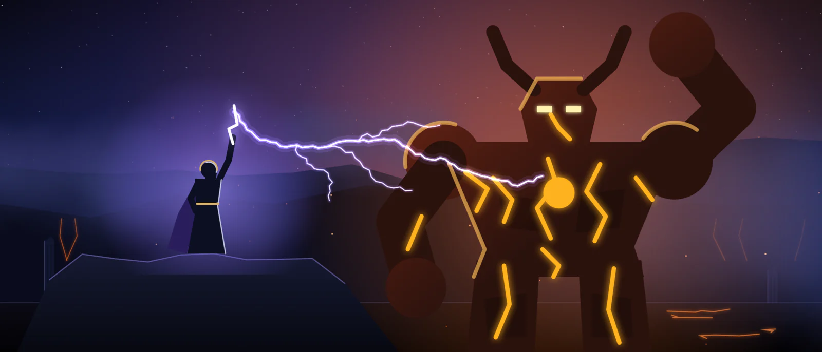 Nyckelbild: Zeus slår en blixt mot Fire Colossus över ett mörkt slagfält