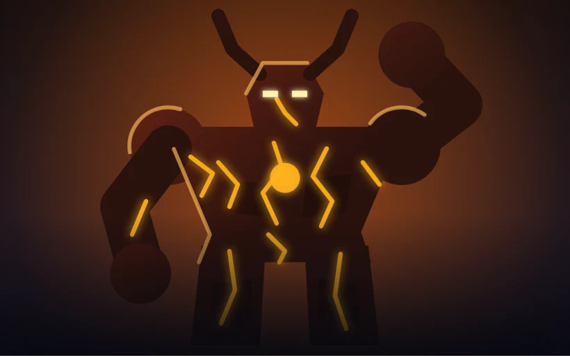 Fire Colossus: titan med höjd knytnäve och gul glödande kärna mot orange himmel